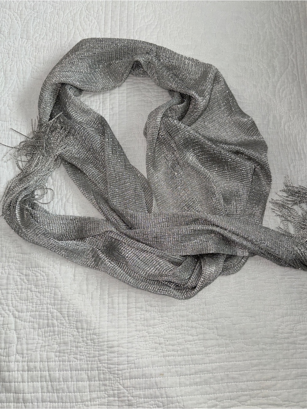 Shimmery Metallic Silver Fringed Shawl Scarf 62.99" x 17.72"